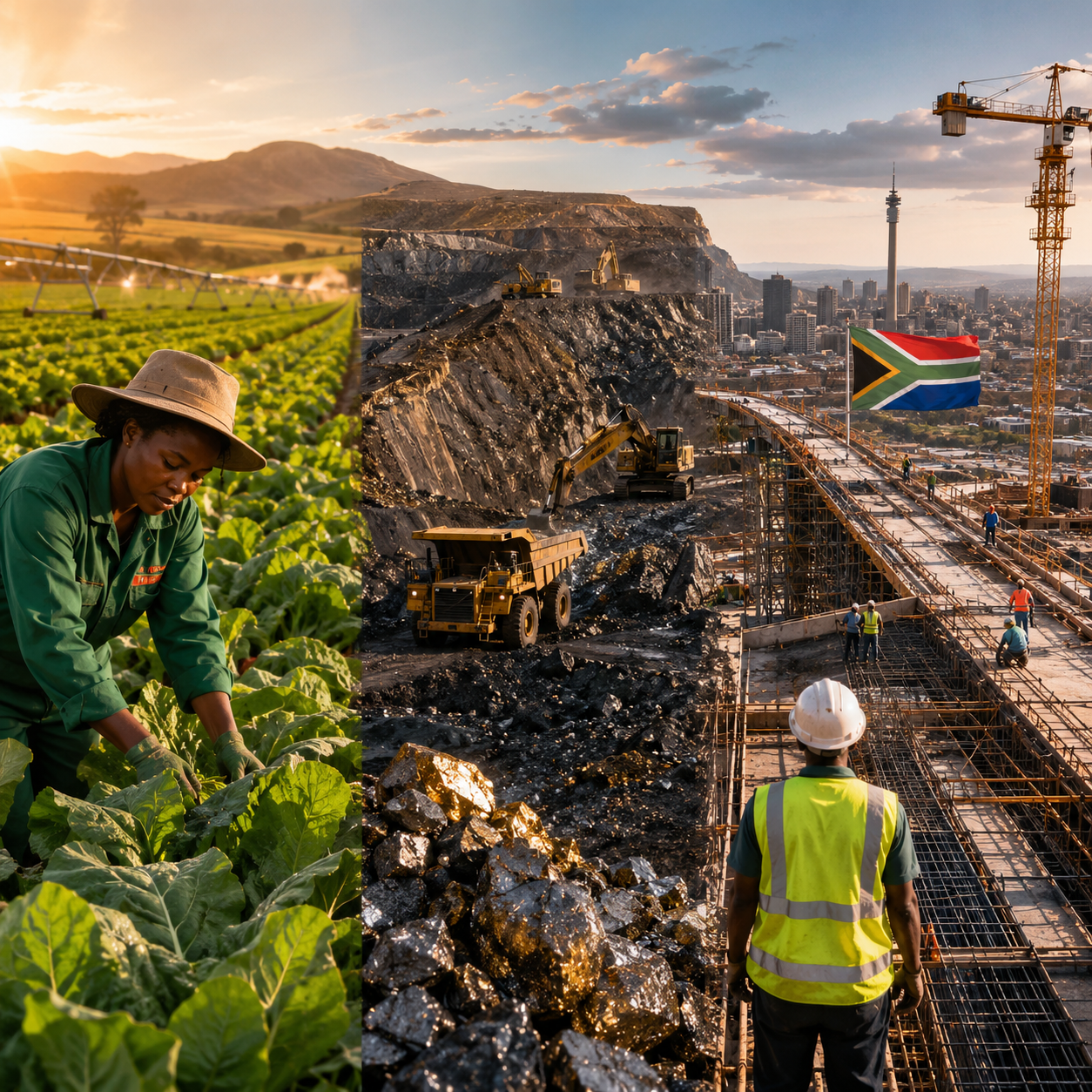 South African agriculture, mining and construction — farming, a gold mine and a city building site