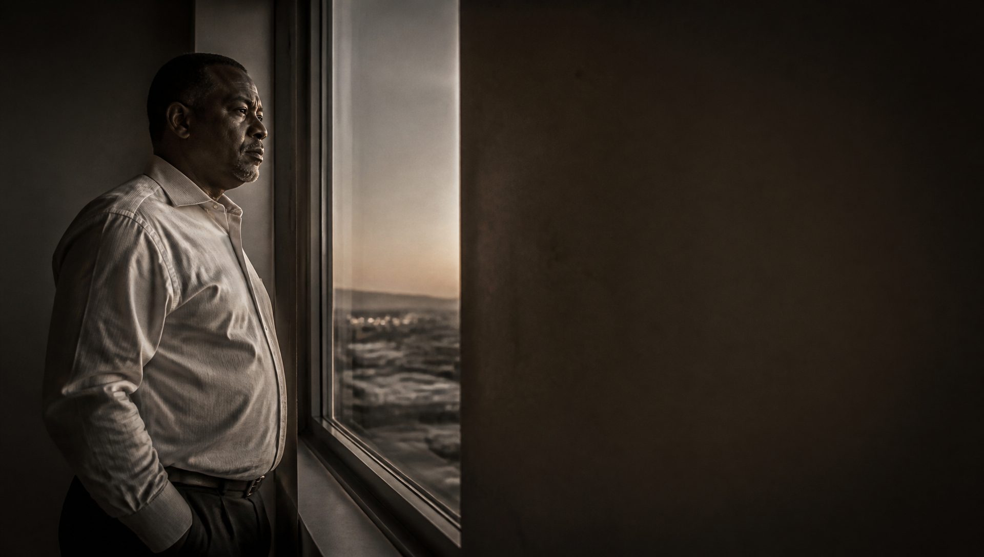 A South African founder standing alone at a window at dusk, looking out in quiet reflection