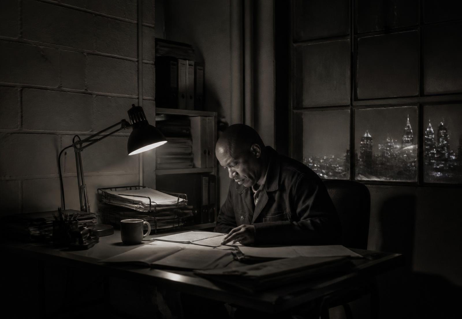 A founder alone at his desk late at night, buried in paperwork under a single lamp