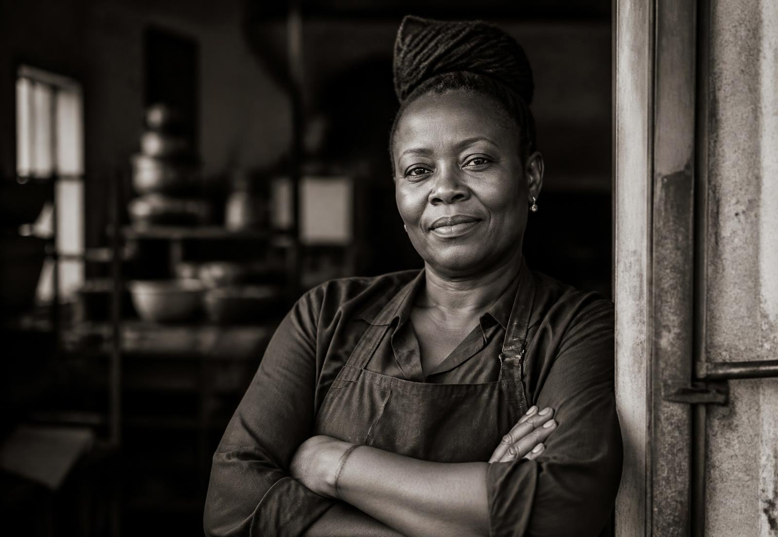 Portrait of a South African business owner in her workshop doorway