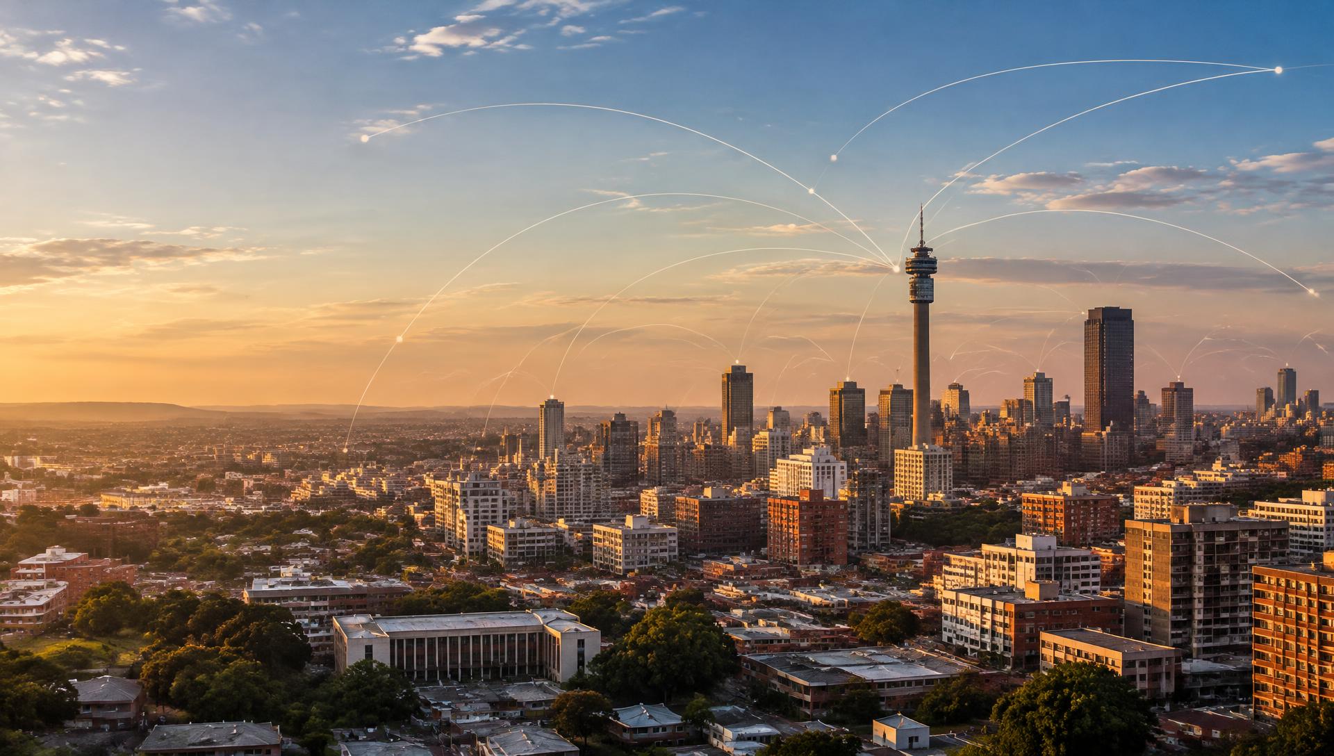 Illustrative Johannesburg skyline with connections reaching towards the world