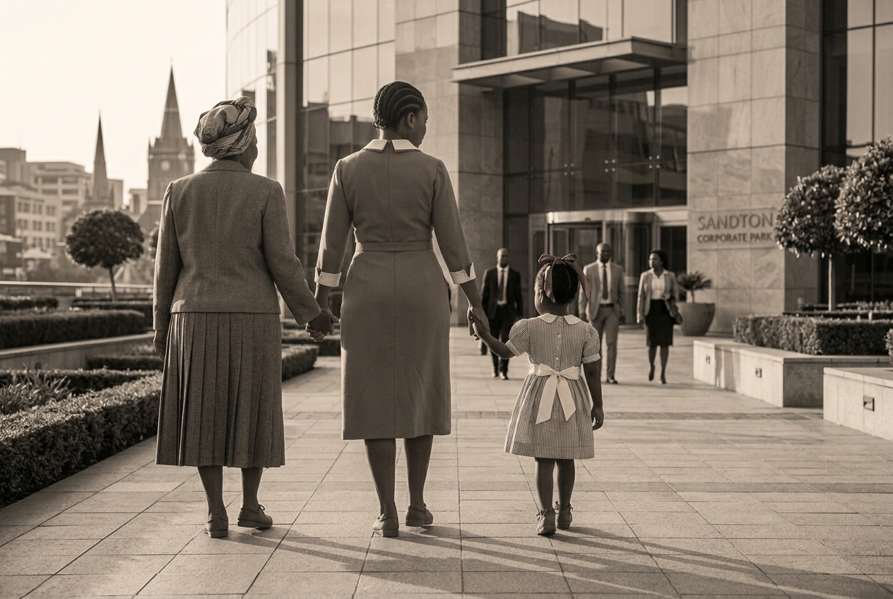 Three generations of South African women in tailored clothing walking together toward a Johannesburg office building